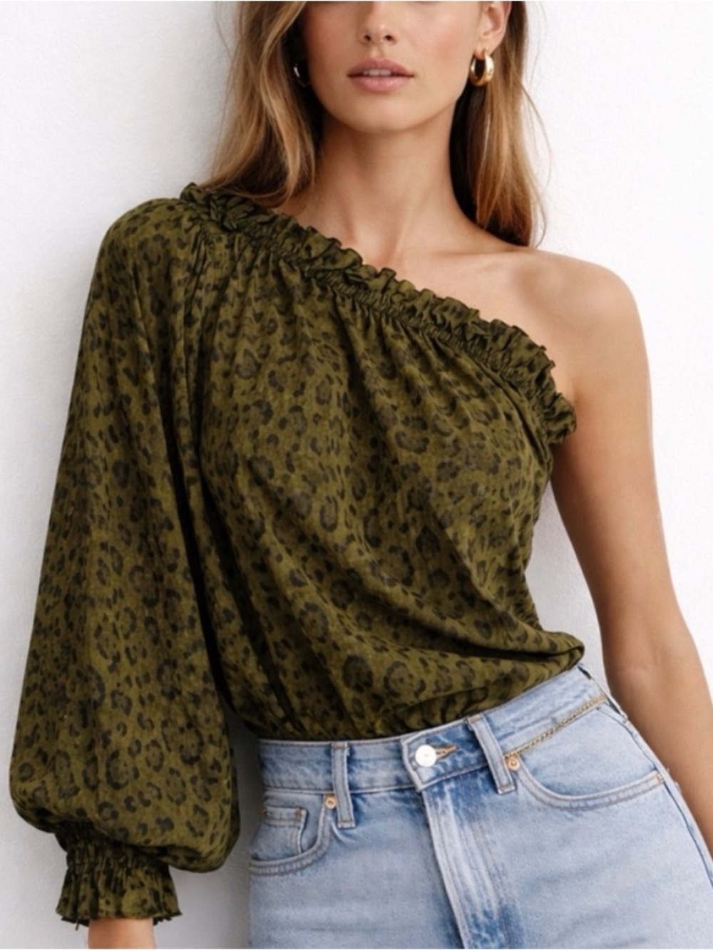 One Teaspoon Olive & Black Leopard One-Shoulder Ruffle Blouse Women’s Sz Small